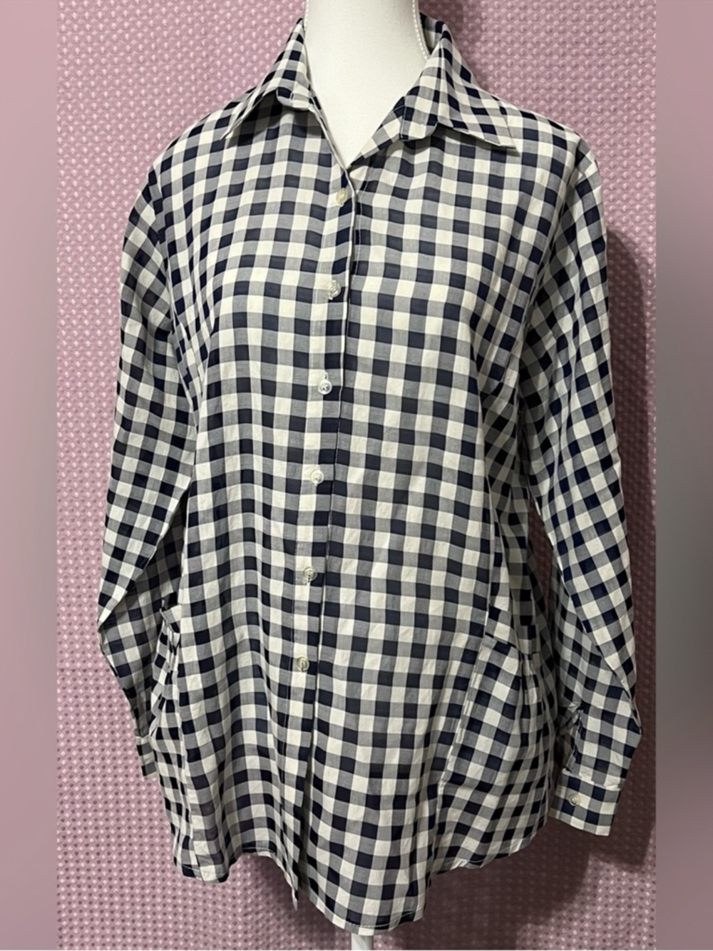 Eileen Fisher Navy and White Gingham Button Shirt